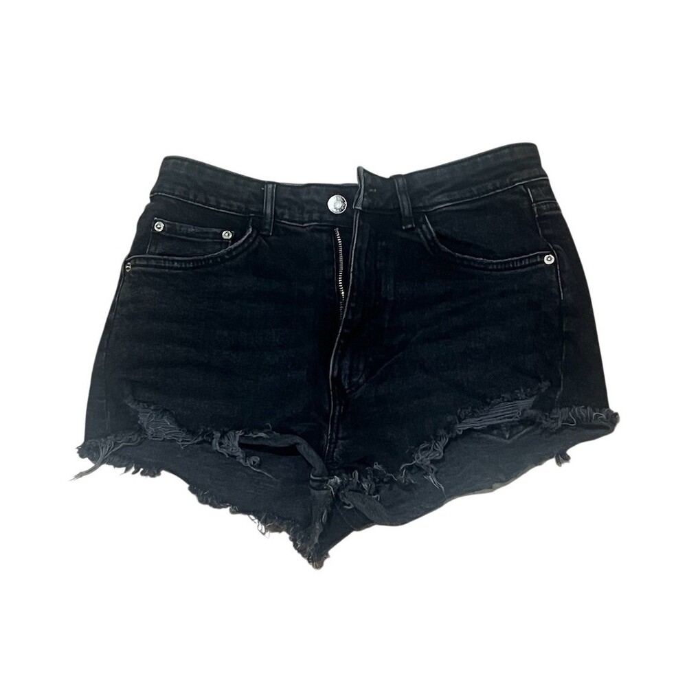 Zara Womens Black High Rise Denim Cut-Off Shorts Distressed Frayed Hem 6